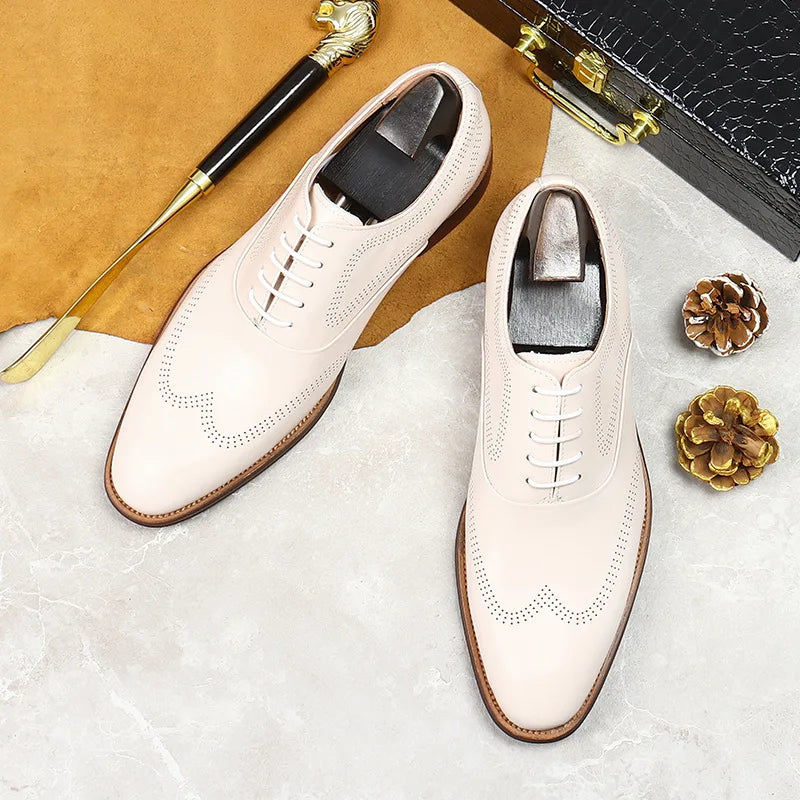 Men's White Leather Brogue Oxford Shoes - Wedding & Business