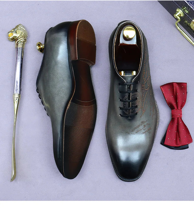 Men's Handcrafted Embossed Leather Oxford Shoes - Premium Wedding & Formal